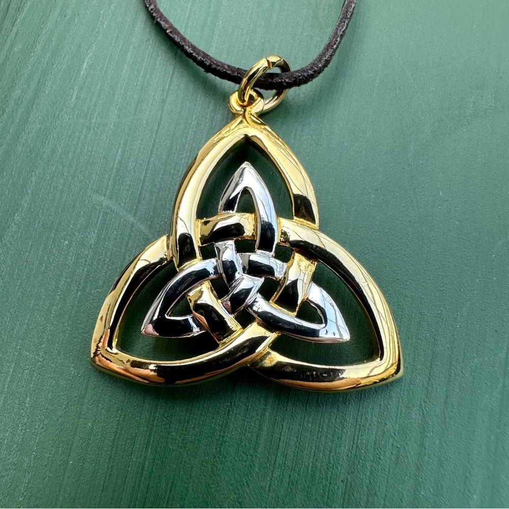 Solvar Gold and Silver Tone Celtic Knot Pendant Necklace- signed Solvar Ireland